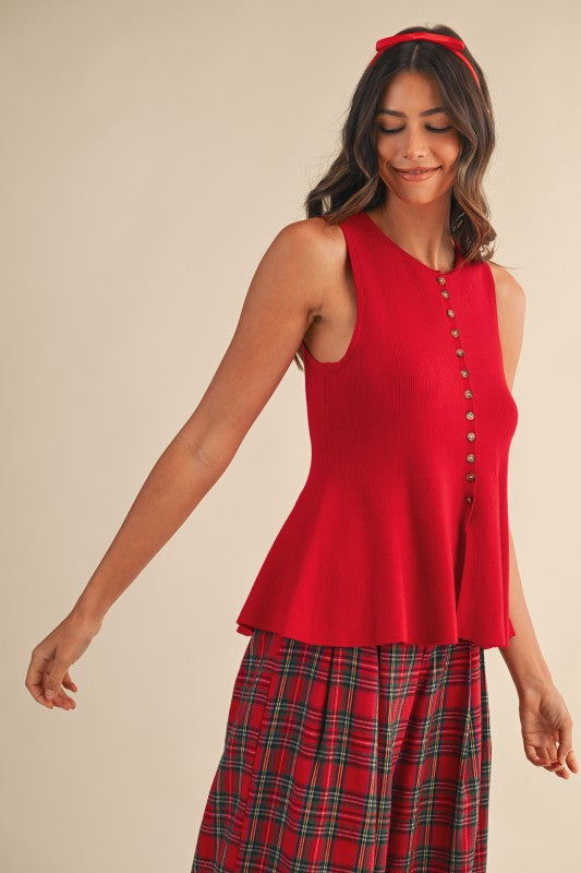 Soft Knit Button Peplum Vest | Red