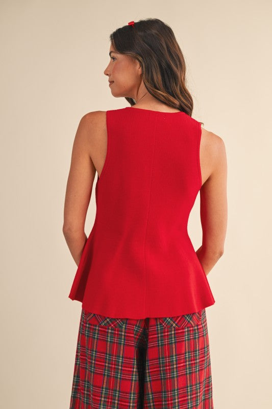 Soft Knit Button Peplum Vest | Red