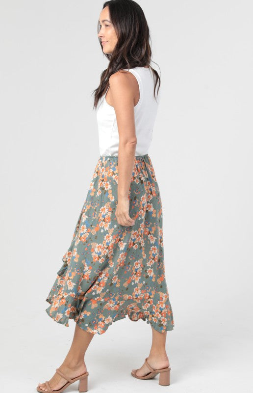 Floral Ruffle Slit Midi Skirt | Watercress