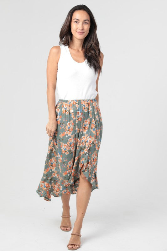 Floral Ruffle Slit Midi Skirt | Watercress