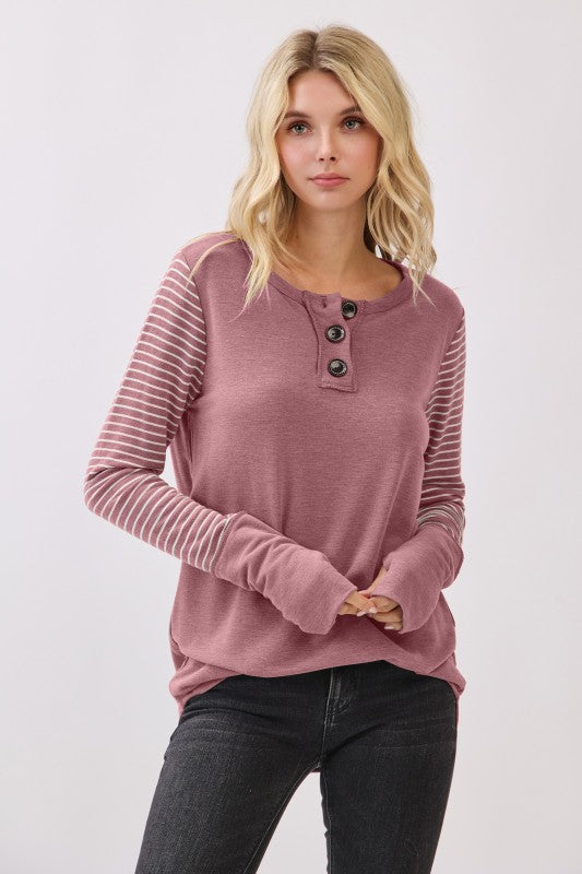 Stripe Contrast Button Top | Vintage Marsala