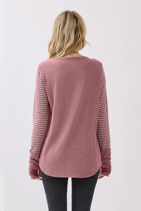 Stripe Contrast Button Top | Vintage Marsala