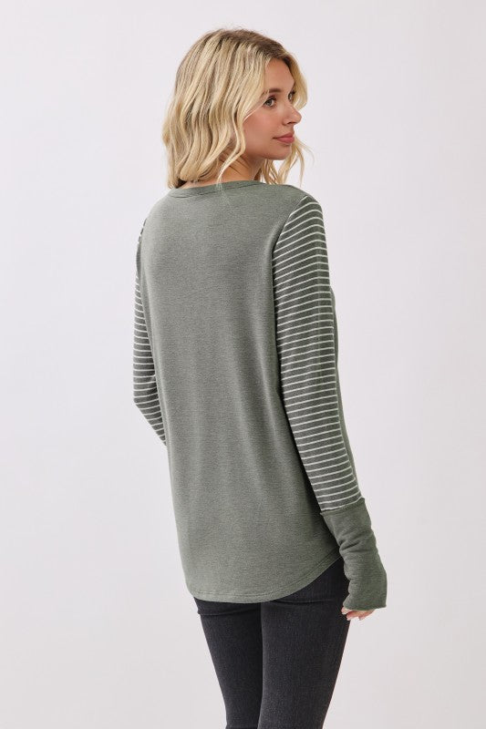 Stripe Contrast Button Top | Vintage Olive