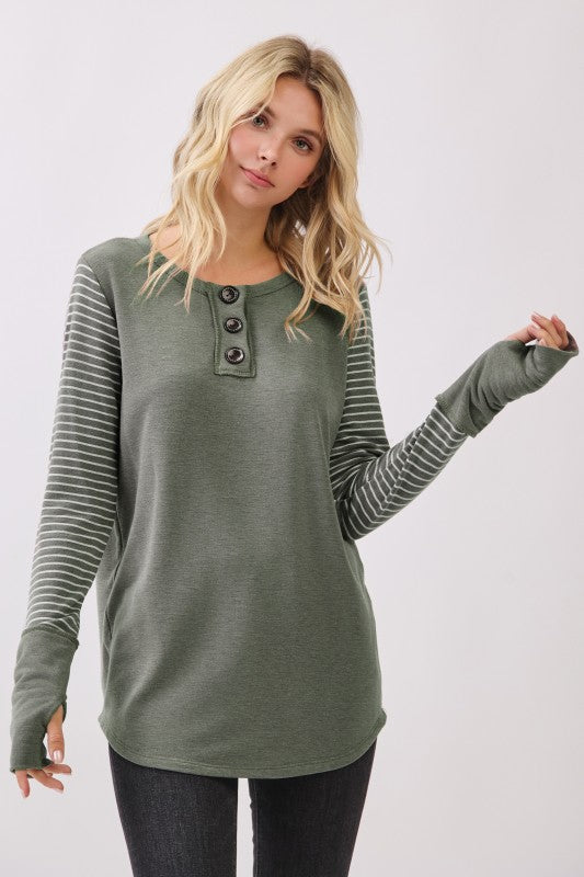 Stripe Contrast Button Top | Vintage Olive