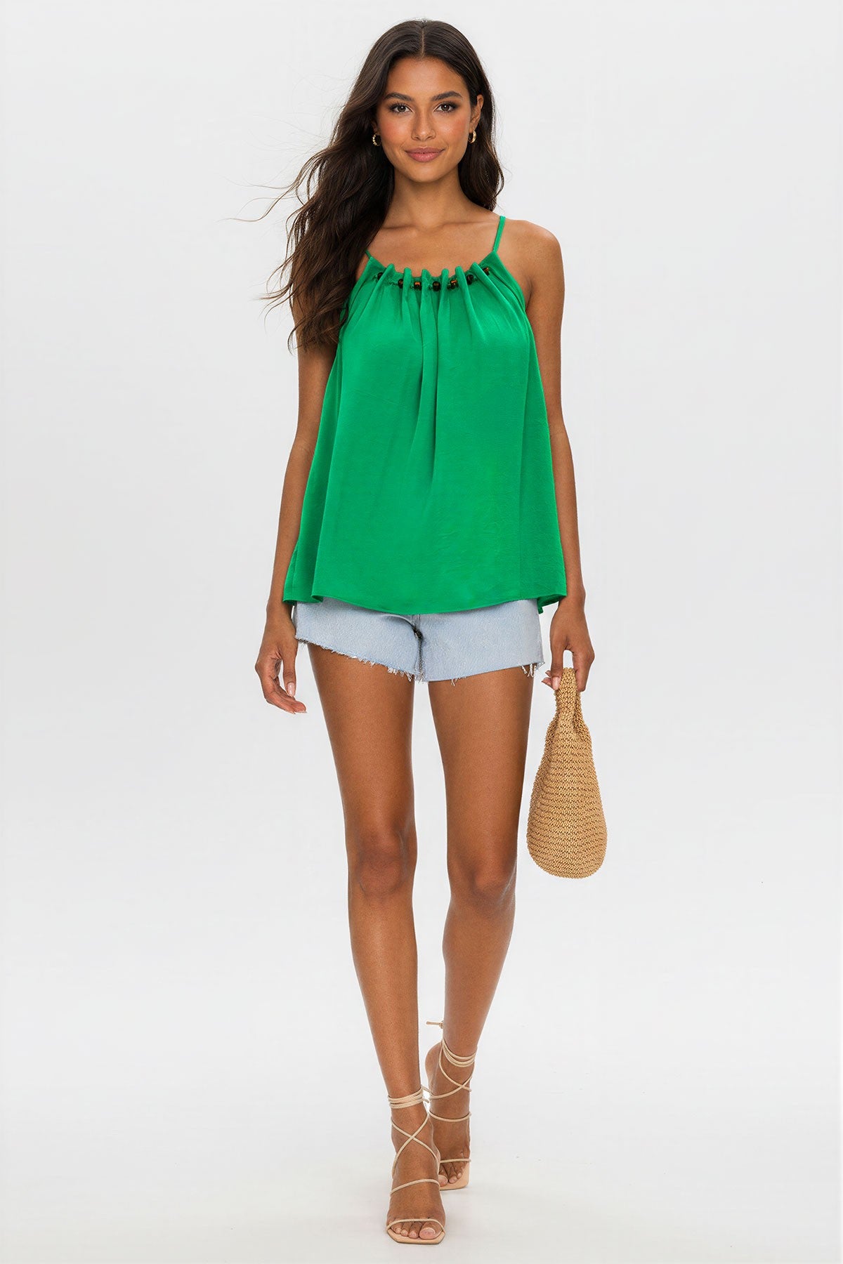 Silky Bead Detail Spaghetti Strap Tank Top | Green