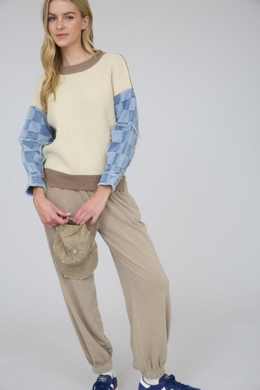 Checkered Denim Sleeve Sweater Top | Cream