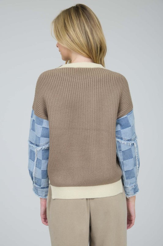 Checkered Denim Sleeve Sweater Top | Cream
