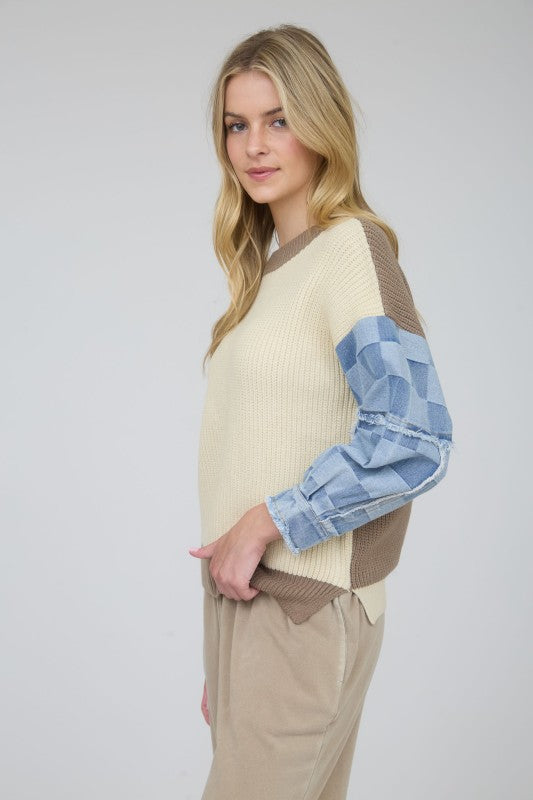 Checkered Denim Sleeve Sweater Top | Cream