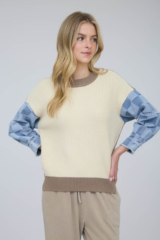 Checkered Denim Sleeve Sweater Top | Cream