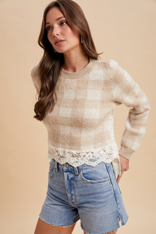 Checker Lace Detail Sweater Top | Oatmeal