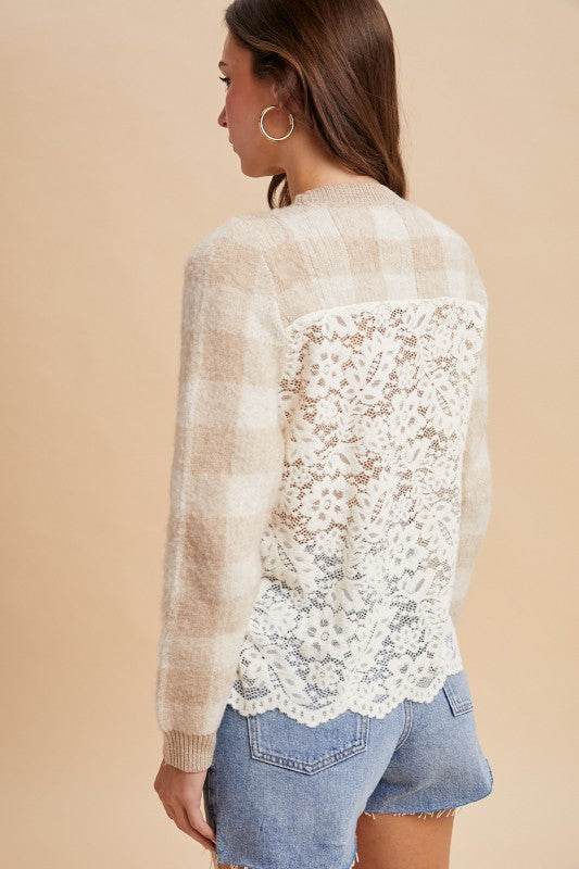 Checker Lace Detail Sweater Top | Oatmeal