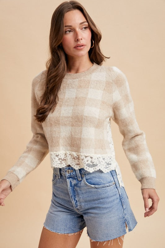Checker Lace Detail Sweater Top | Oatmeal