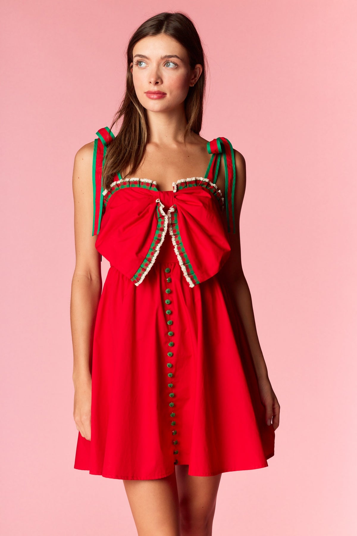 Christmas Bow Trim Dress | Red