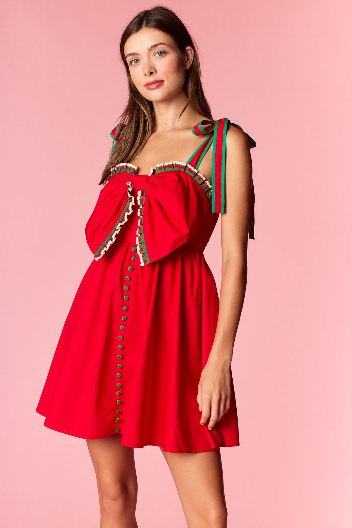 Christmas Bow Trim Dress | Red