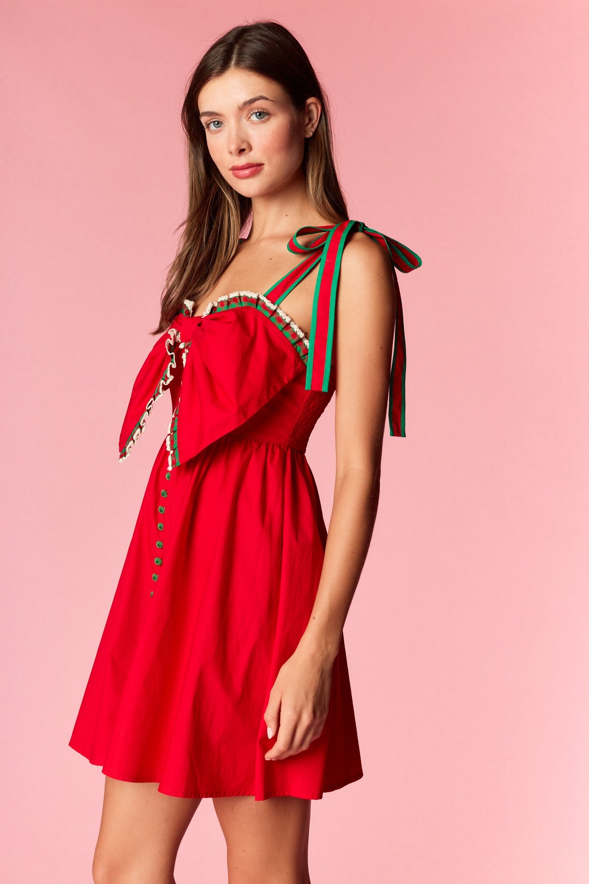 Christmas Bow Trim Dress | Red