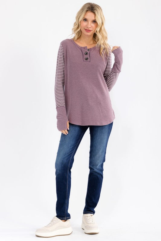 Stripe Contrast Button Top | Vintage Mulberry