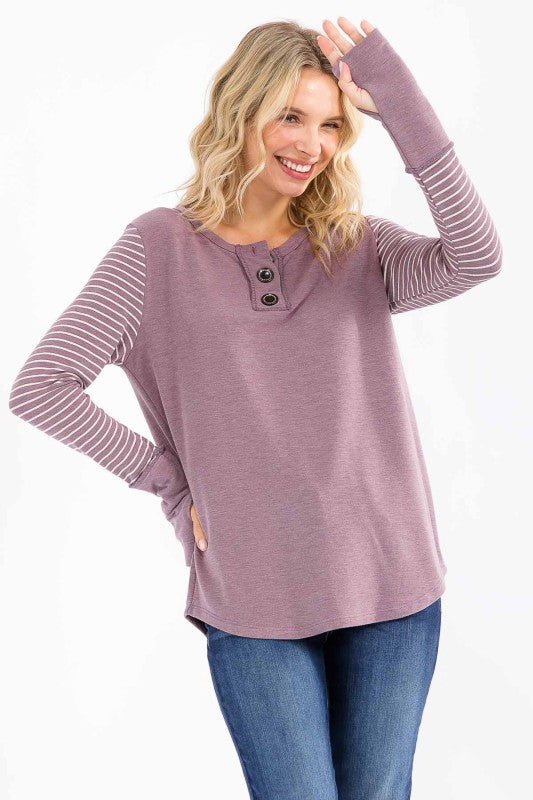 Stripe Contrast Button Top | Vintage Mulberry