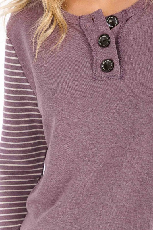 Stripe Contrast Button Top | Vintage Mulberry
