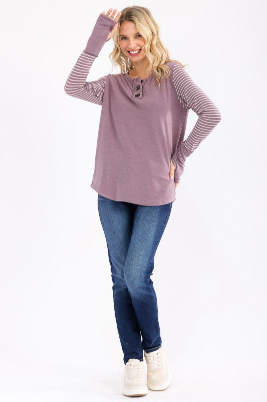 Stripe Contrast Button Top | Vintage Mulberry