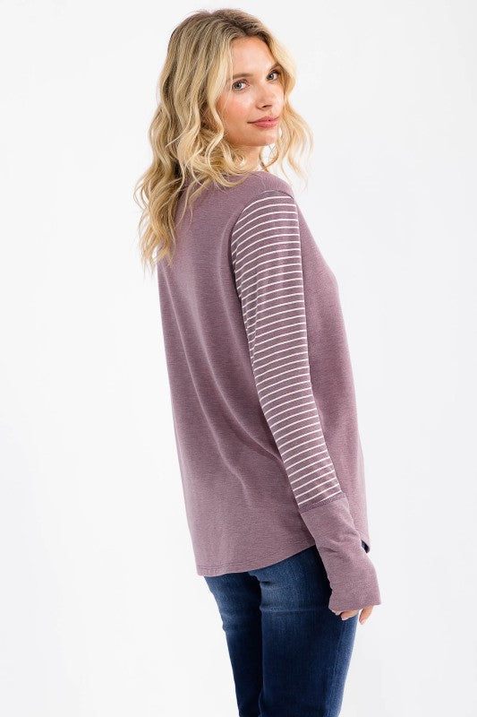 Stripe Contrast Button Top | Vintage Mulberry