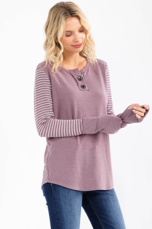 Stripe Contrast Button Top | Vintage Mulberry