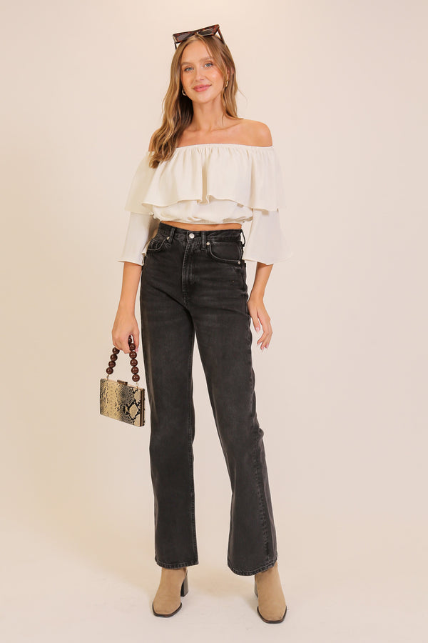 Off The Shoulder Double Ruffle Crop Top | Cream