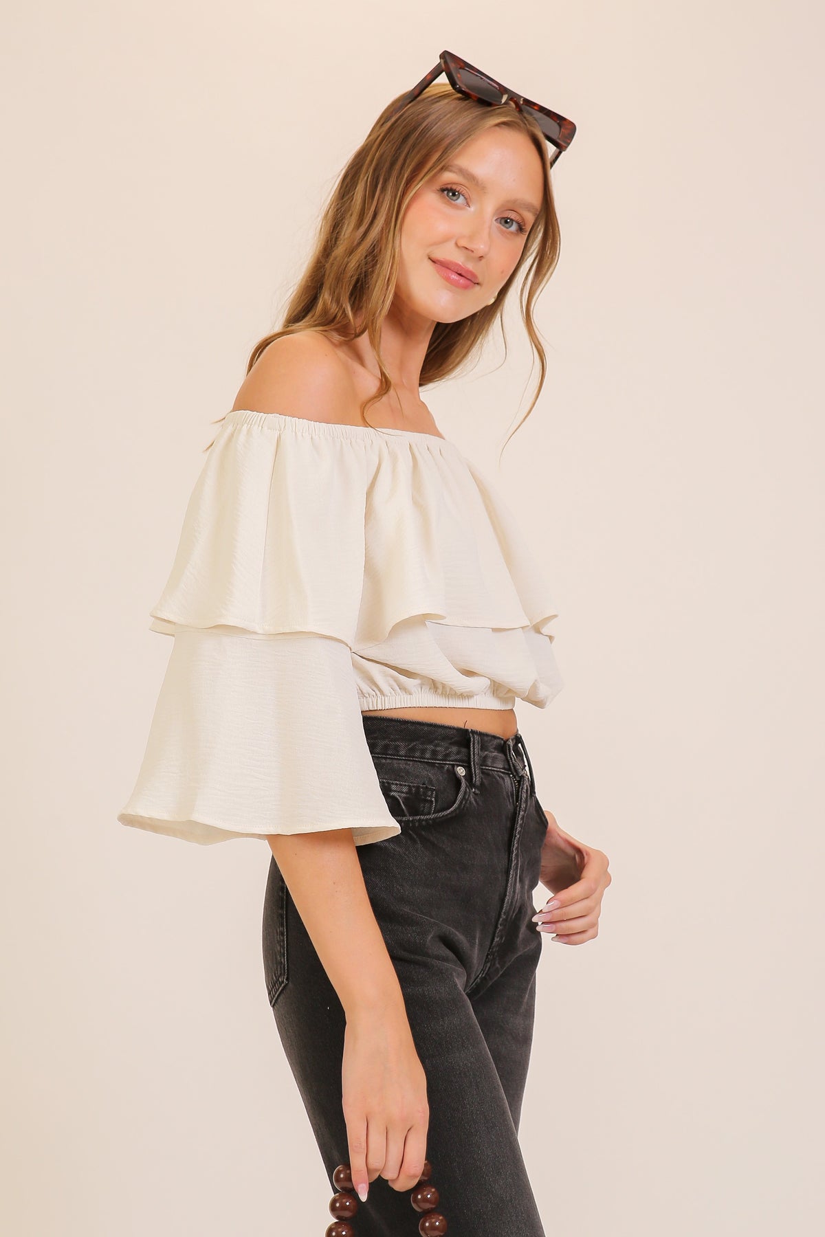 Off The Shoulder Double Ruffle Crop Top | Cream