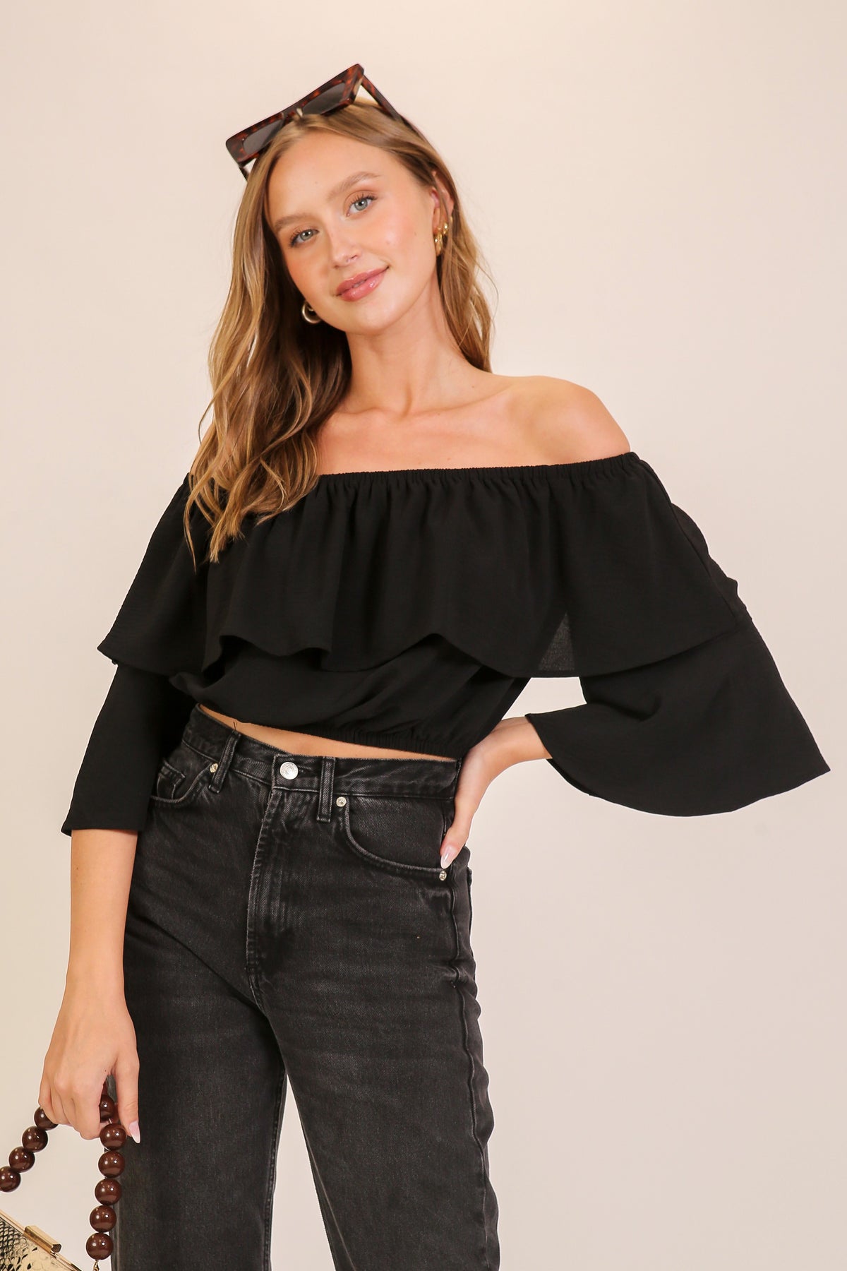 Off The Shoulder Double Ruffle Crop Top | Black