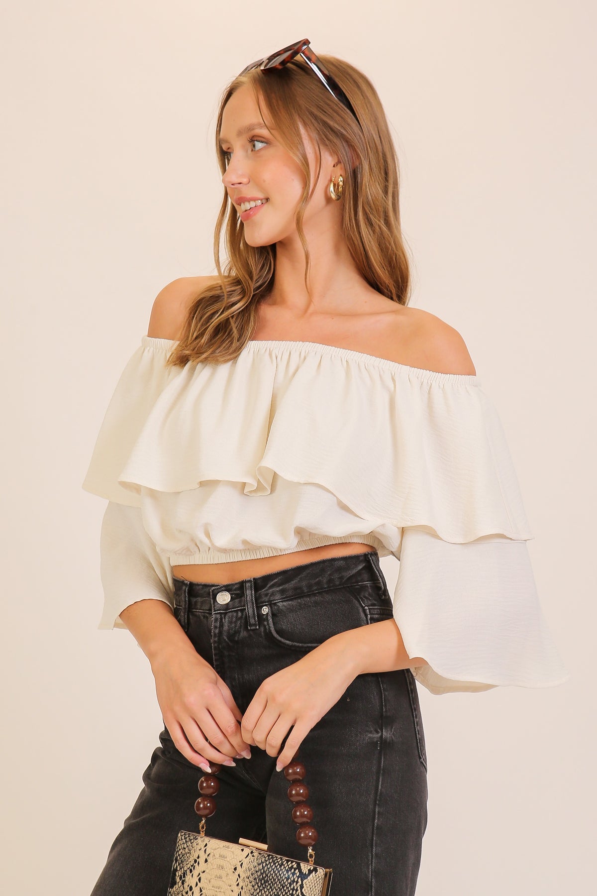 Off The Shoulder Double Ruffle Crop Top | Cream