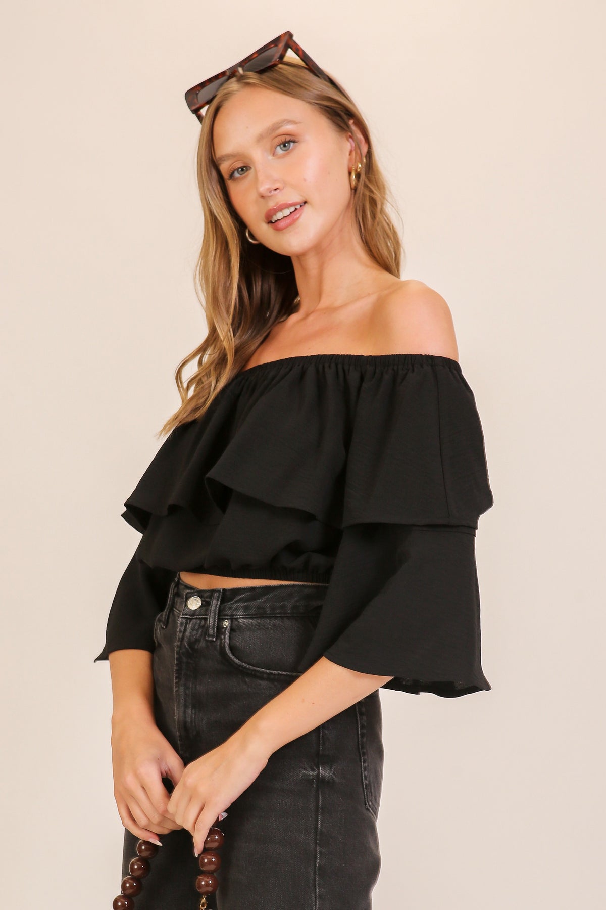 Off The Shoulder Double Ruffle Crop Top | Black