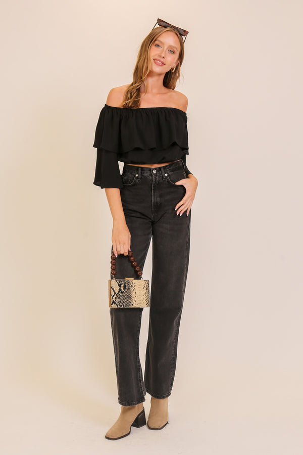 Off The Shoulder Double Ruffle Crop Top | Black