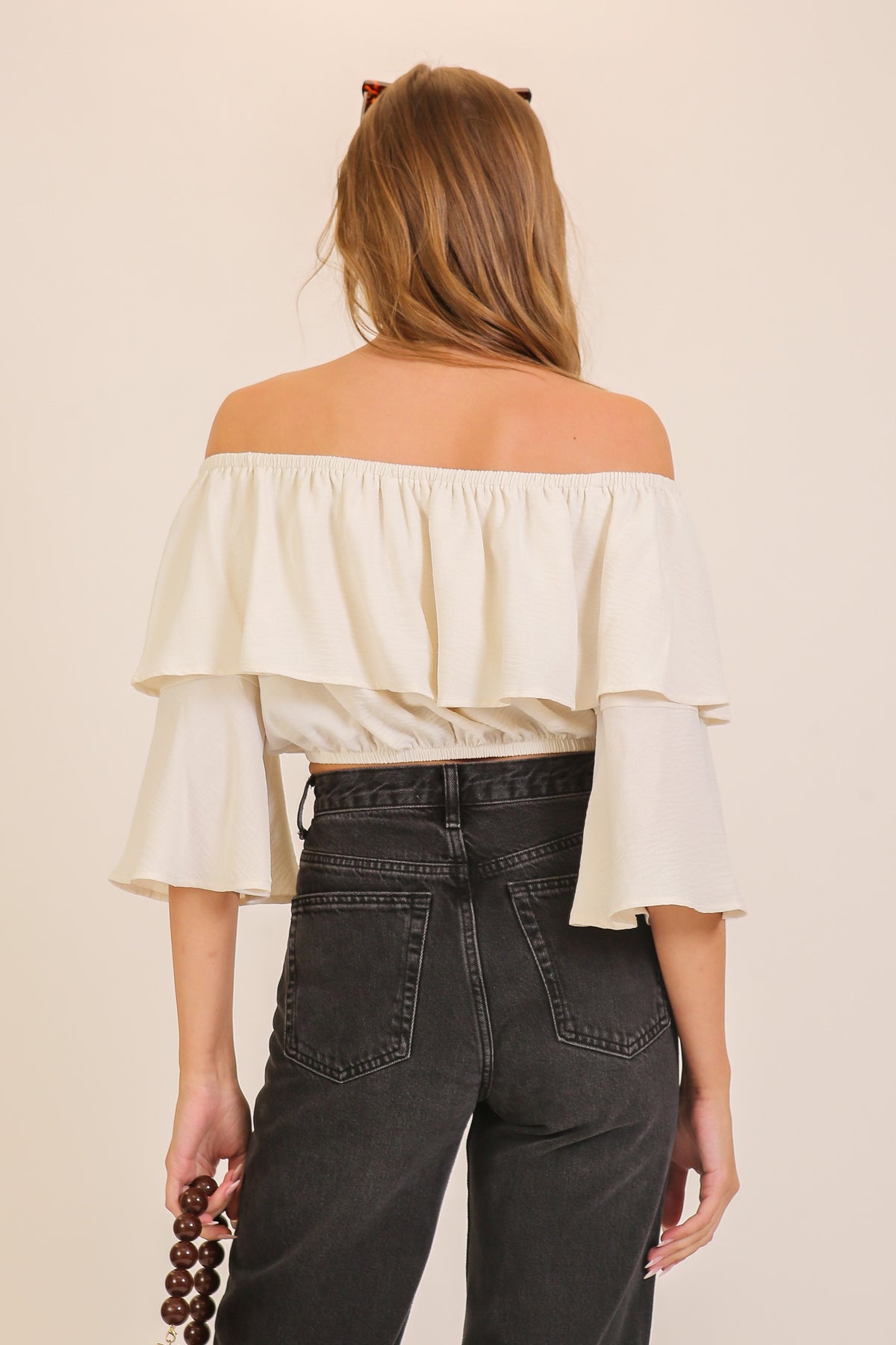 Off The Shoulder Double Ruffle Crop Top | Cream