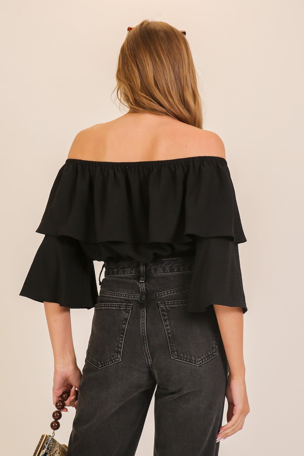 Off The Shoulder Double Ruffle Crop Top | Black