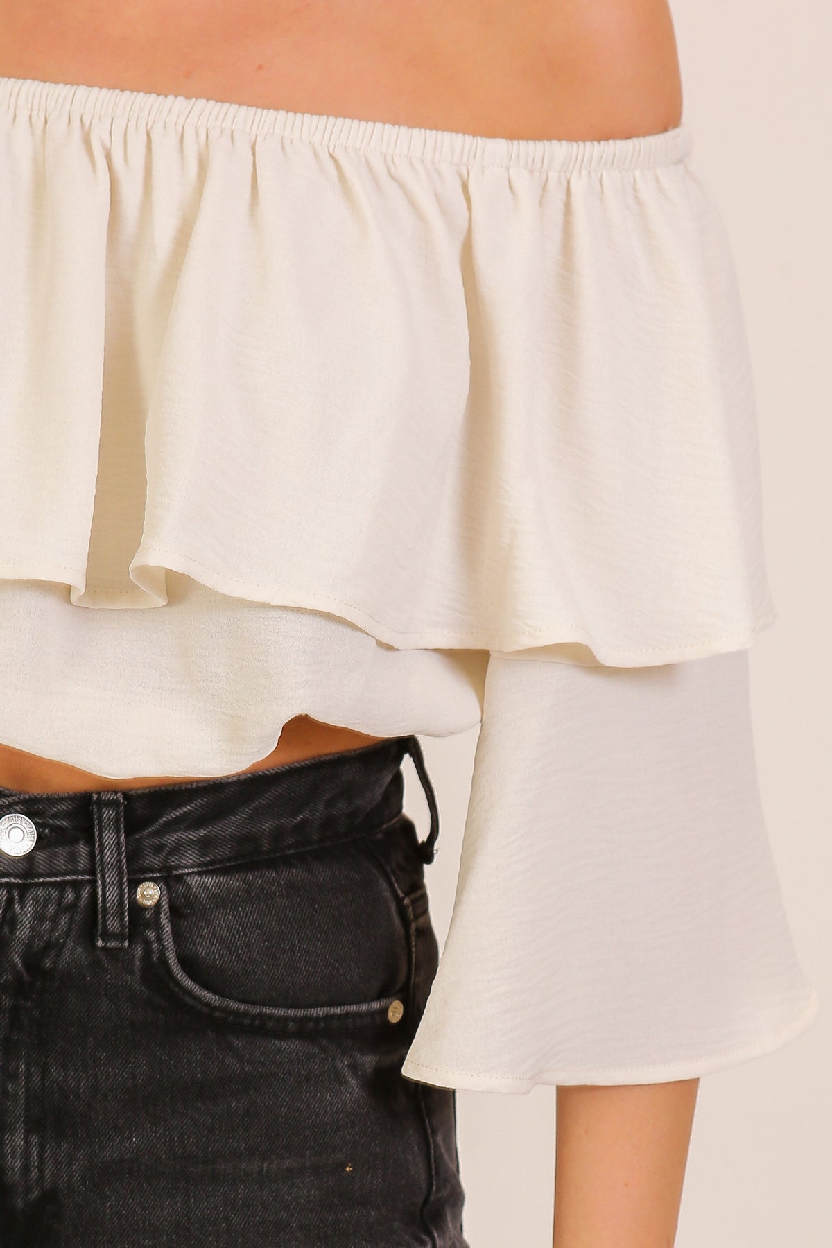 Off The Shoulder Double Ruffle Crop Top | Cream