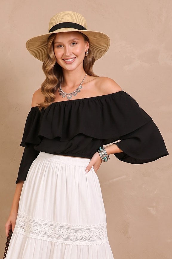 Off The Shoulder Double Ruffle Crop Top | Black