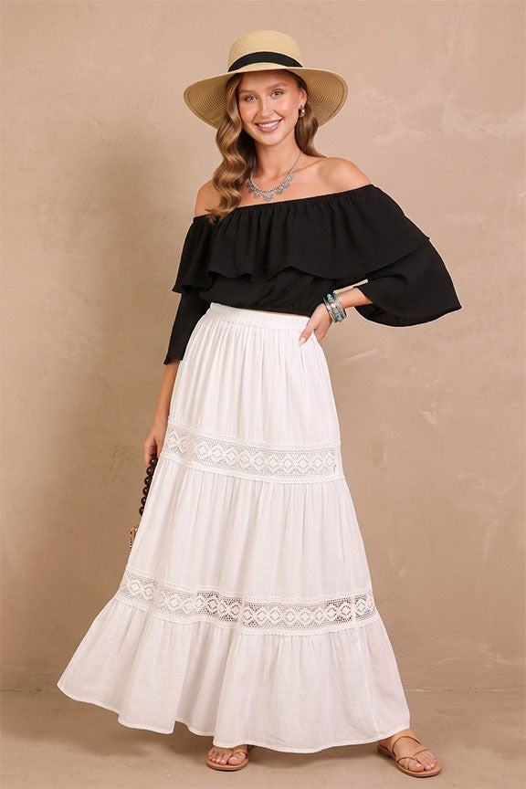 Off The Shoulder Double Ruffle Crop Top | Black