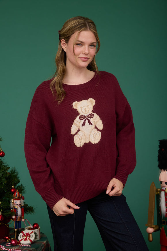 Teddy Bear Knit Sweater Top | Burgundy