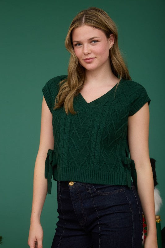 Cable Knit Side Tie V-Neck Vest Top | Green