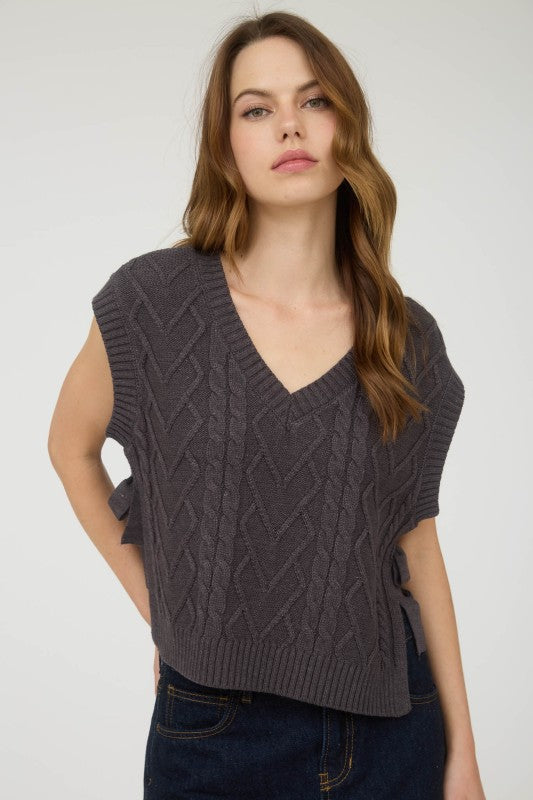 Cable Knit Side Tie V-Neck Vest Top | Charcoal