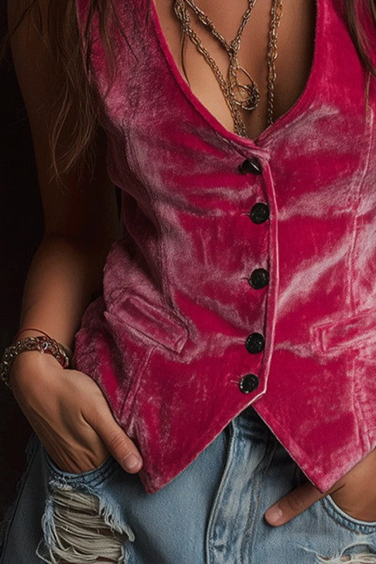 Vintage Western Velvet Button-Up Vest | Fuchsia