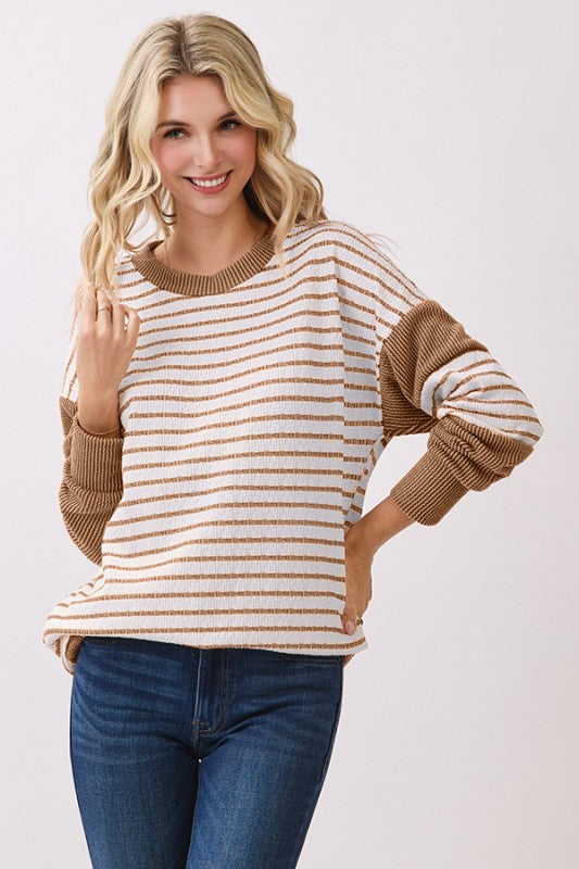 Stripe Drop Shoulder Pullover Top | Mocha