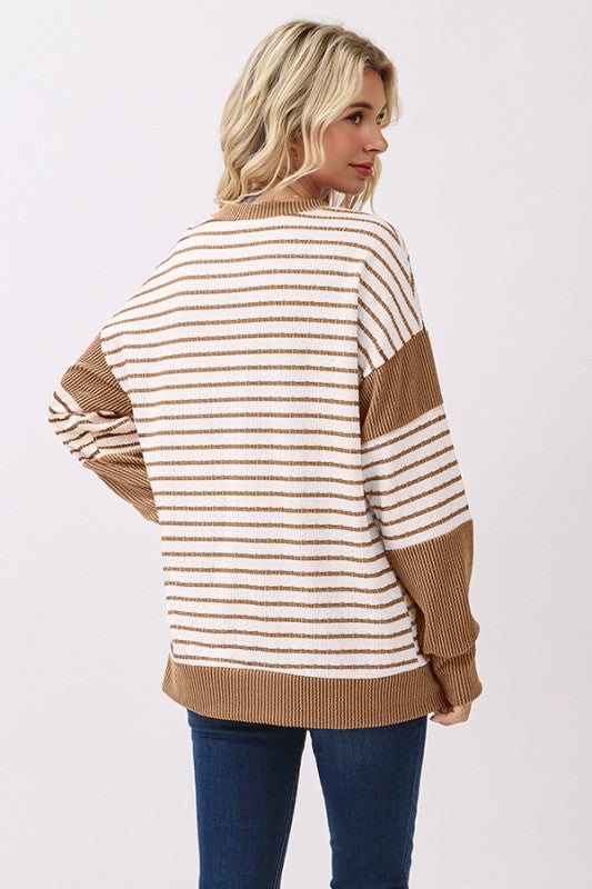 Stripe Drop Shoulder Pullover Top | Mocha