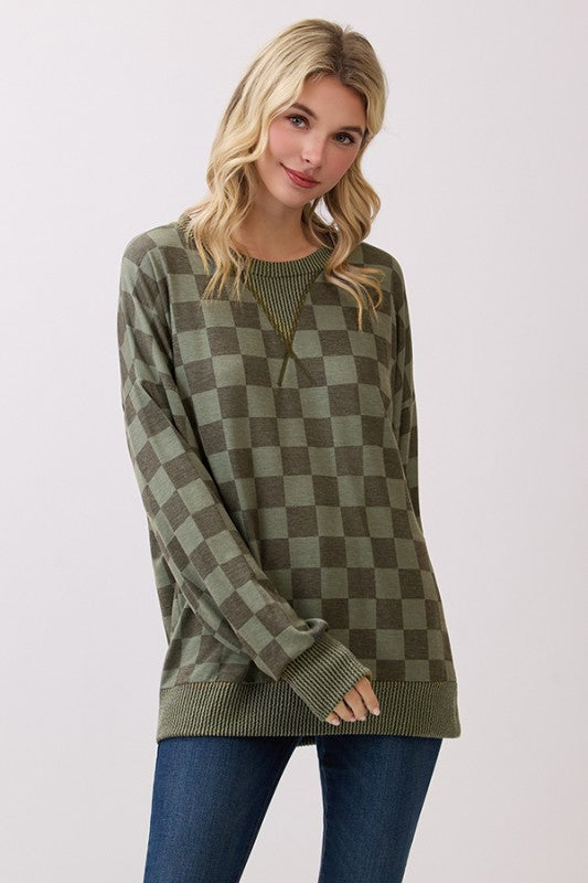 Checker Print Ribbed Top | Olive