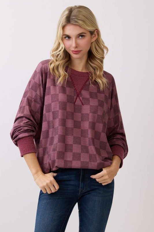 Checker Print Ribbed Top | Burgundy