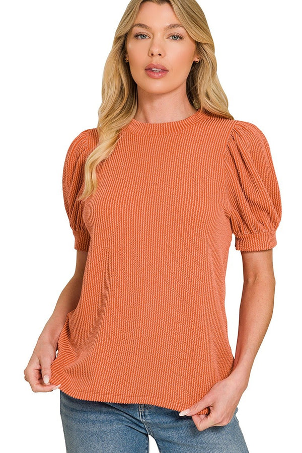 Raised Rib Puff Sleeve Top | Burnt Orange