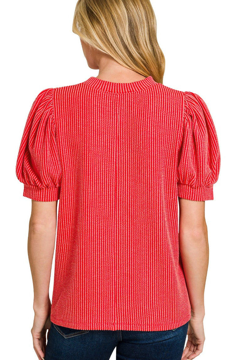 Raised Rib Puff Sleeve Top | Red