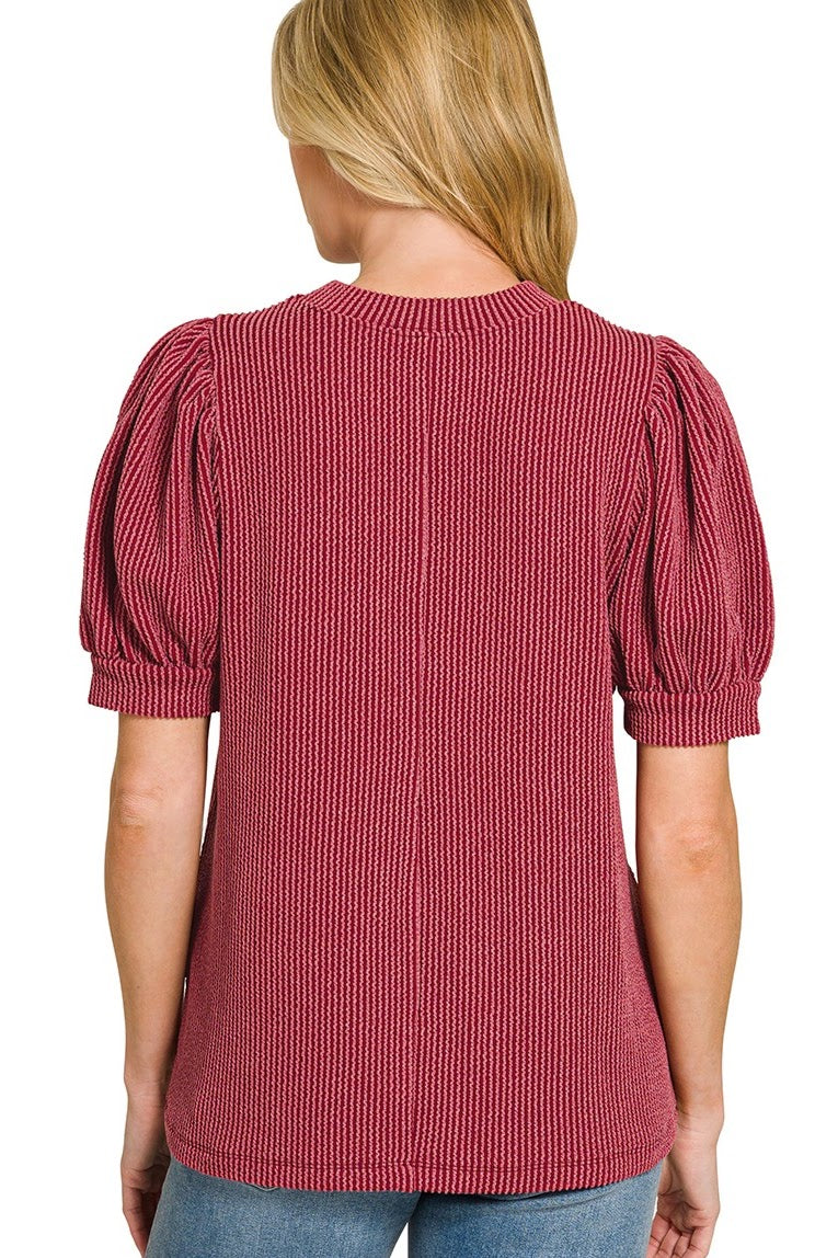 Raised Rib Puff Sleeve Top | Burgundy