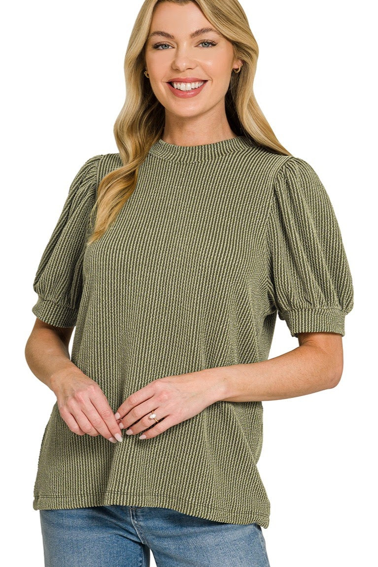 Raised Rib Puff Sleeve Top | Olive
