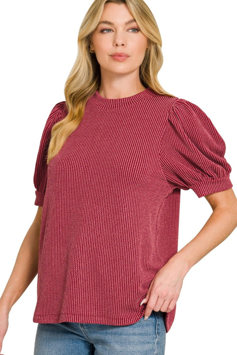 Raised Rib Puff Sleeve Top | Burgundy