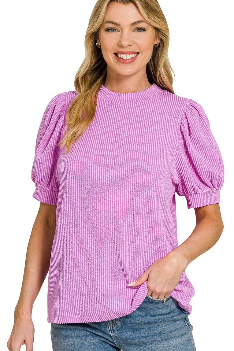 Raised Rib Puff Sleeve Top | Bright Violet